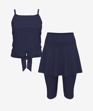 Riley Knotted Swim Top With Flared Swim Skort With Capri Leggings
