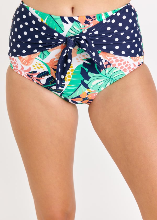 High Waisted Bikini Bottom With Front Tie - Tropical Views/Navy Polka Dot