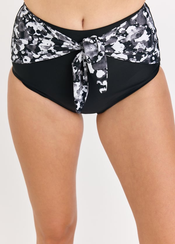 High Waisted Bikini Bottom With Front Tie - Black/Rocky road