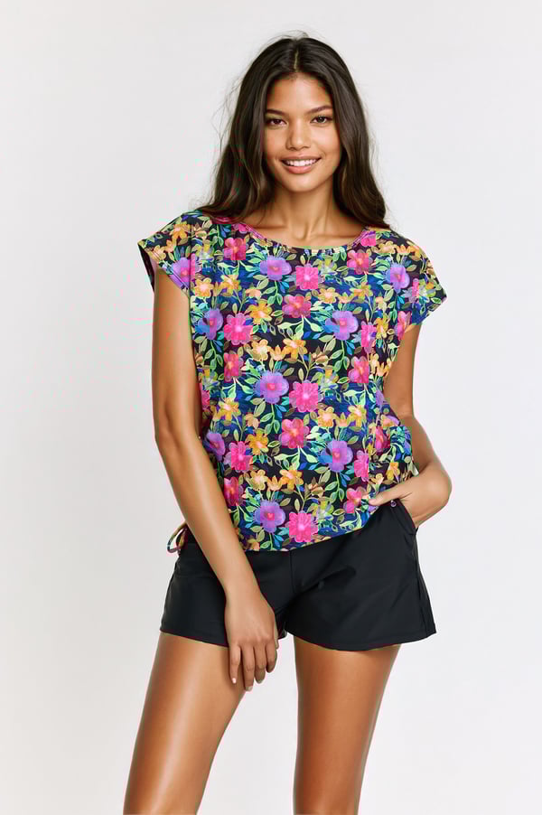 Daphne Loose Fit Swim Top With Flared Swim Skort With Capri Leggings