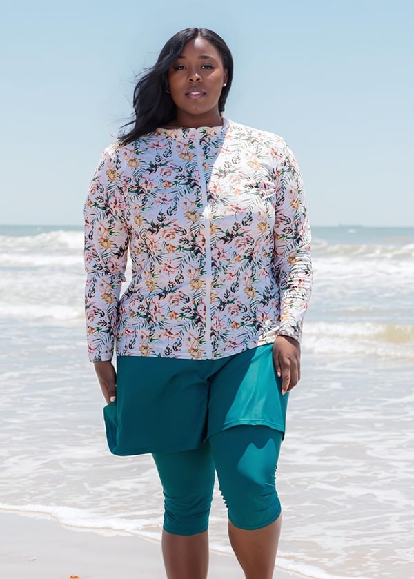 Full-Zip Nora Swim Top With Flared Swim Skort With Capri Leggings