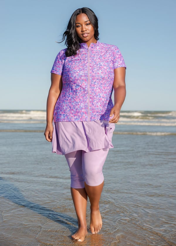 Full-Zip Adele Swim Top With Flared Swim Skort With Capri Leggings