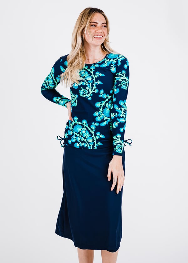 Swim top and long skort. Modest plus size top and skirt with pants. Womens' modest plus size swim set. Sun protection UPF +50