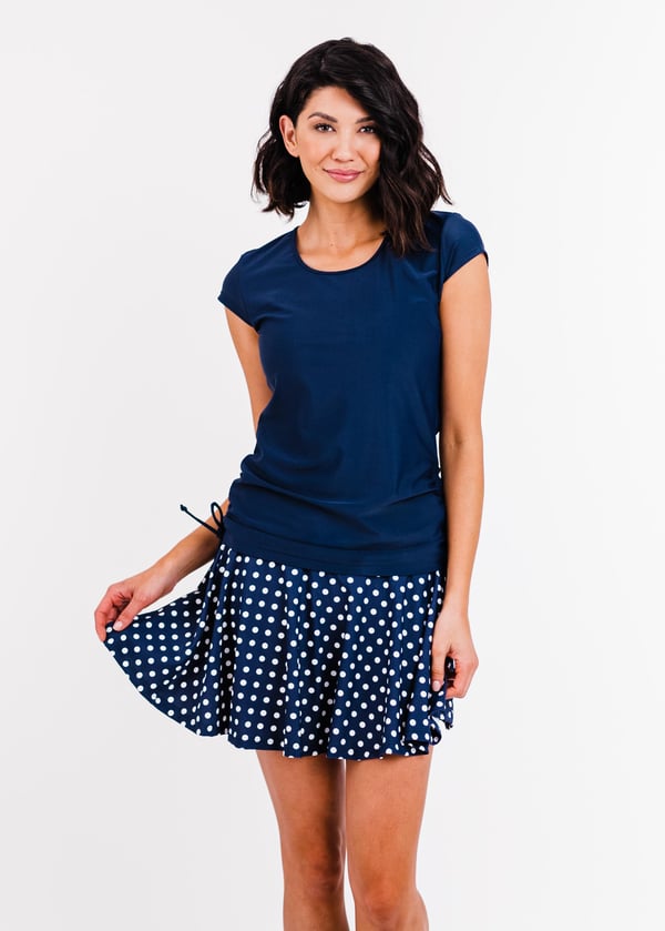 Swim top and flowy skort. Modest plus size top and skirt with pants. Womens' modest plus size swim set. Sun protection UPF +50