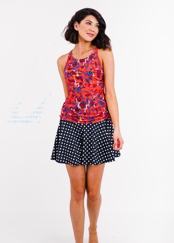 Swim top with removable cups and flowy skort. Womens' modest plus size swim set. Swim top for Mastectomy. Sun protection