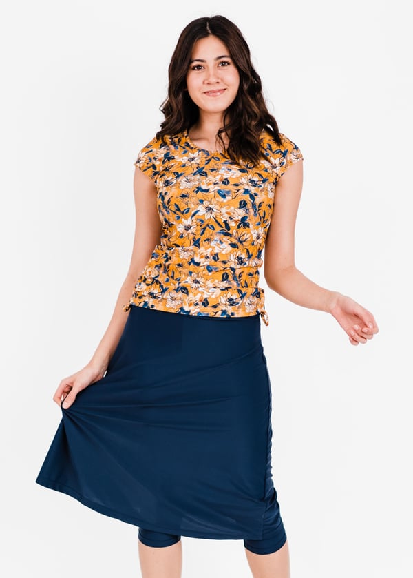 Swim top and long skort. Modest plus size top and skirt with pants. Womens' modest plus size swim set. Sun protection UPF +50