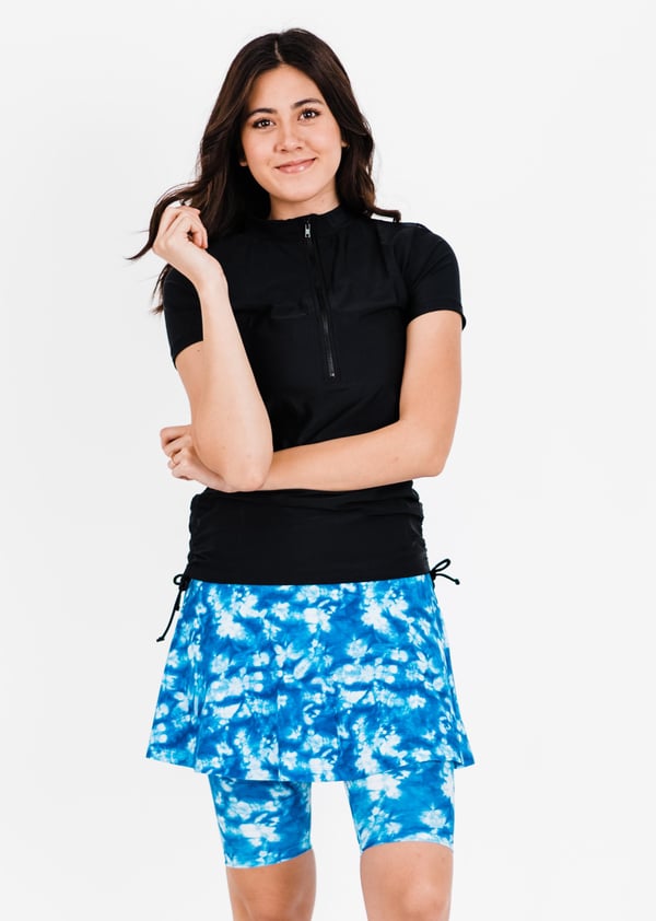 Swim top and skort. Modest plus size top and skirt with pants. Womens' modest plus size swim set. Sun protection UPF +50