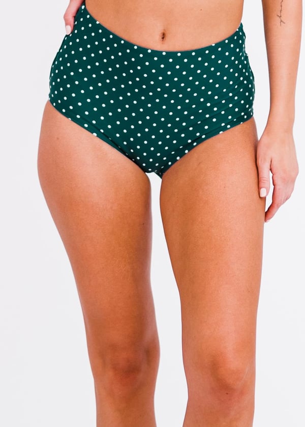 High-Waisted Bikini Bottom - Dark Jade Small Dots