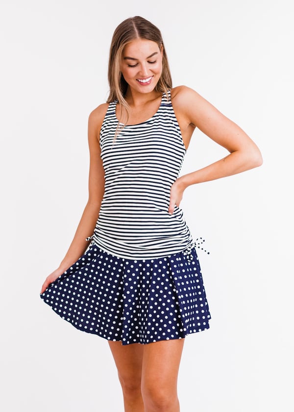 Swim top with removable cups and flowy skort. Womens' modest plus size swim set. Swim top for Mastectomy. Sun protection