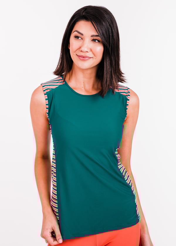 Loose Fit Maya Swim Top - Dark Jade/Dark Jade & Coral Stripe
