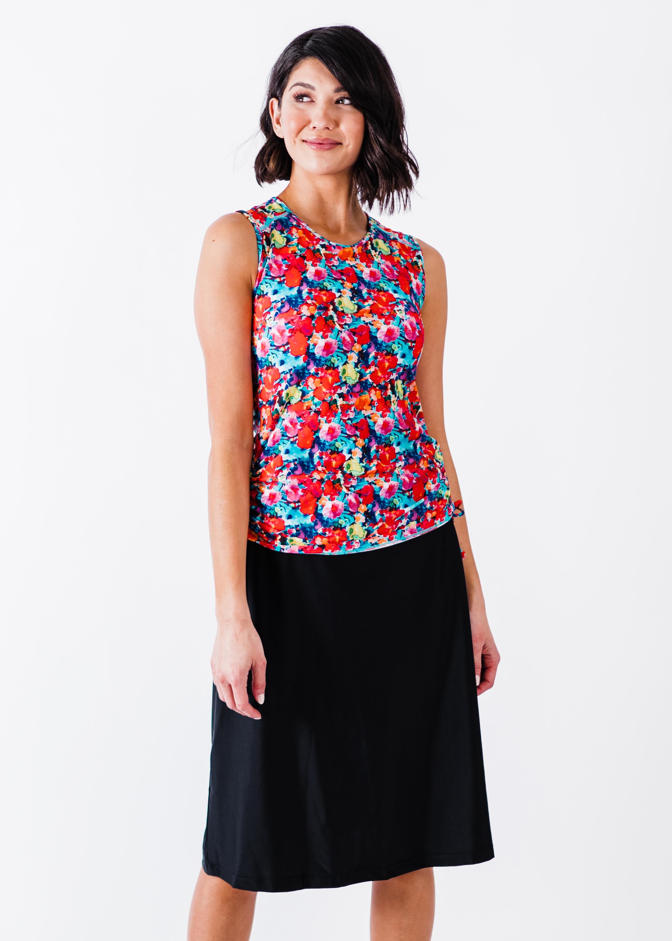 Swim top and long skort. Modest plus size top and skirt with pants. Womens' modest plus size swim set. Sun protection UPF +50