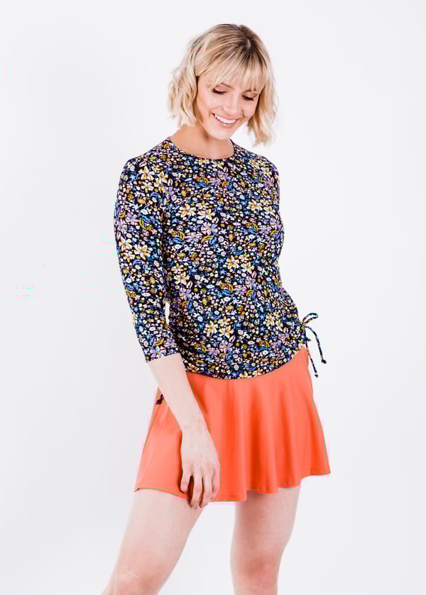 Long sleeve swim top and flowy skort. Modest plus size top and skirt with pants. Womens' modest plus size swim set. Sun protection UPF +50.