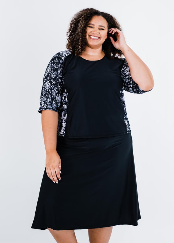 Swim top and long skort. Modest plus size loose top and skirt with pants. Womens' modest plus size swim set. Sun protection UPF +50