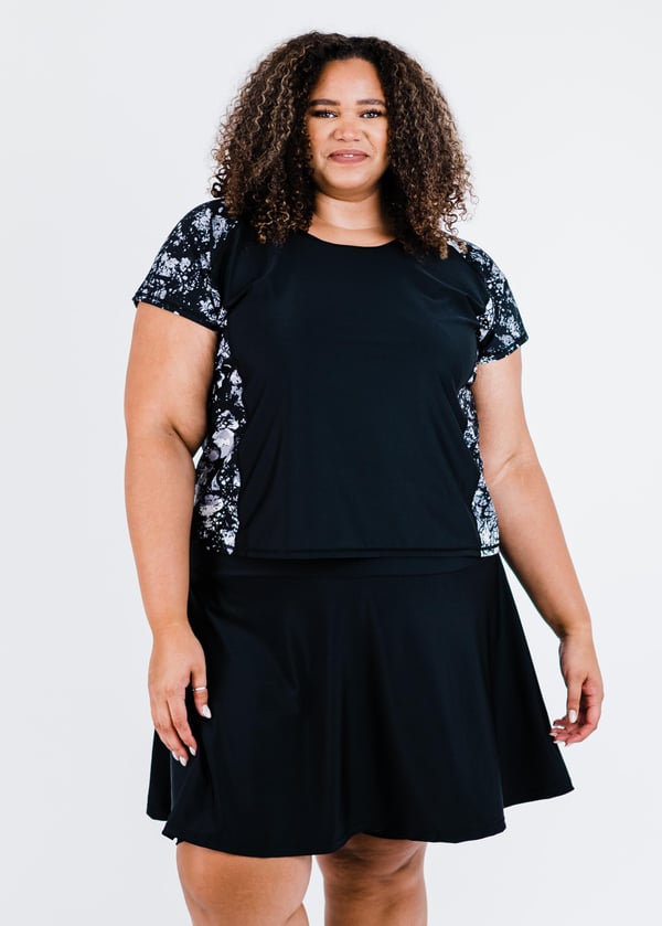 Swim top and flowy skort. Modest plus size loose top and skirt with pants. Womens' modest plus size swim set. Sun protection UPF +50