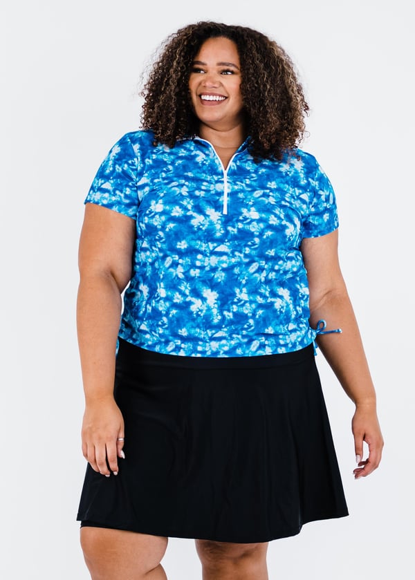 Swim top and flowy skort. Modest plus size top and skirt with pants. Womens' modest plus size swim set. Sun protection UPF +50