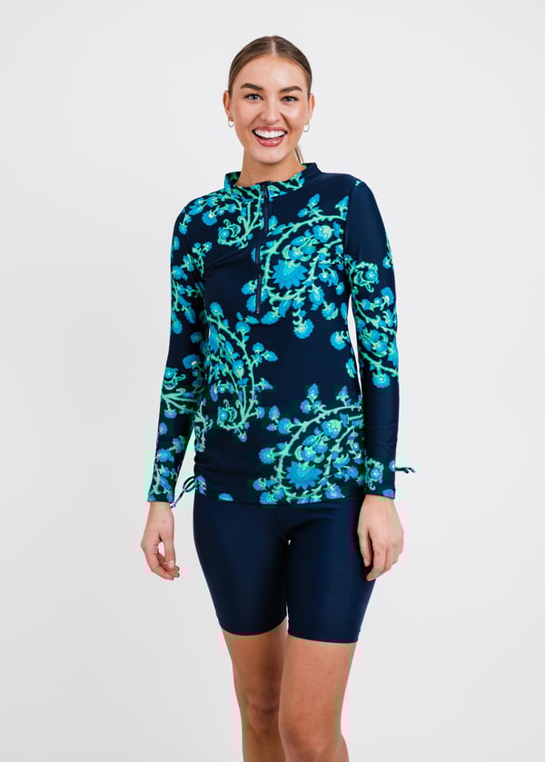 Half-Zip Nora Swim Top With Mid-Thigh Swim Shorts