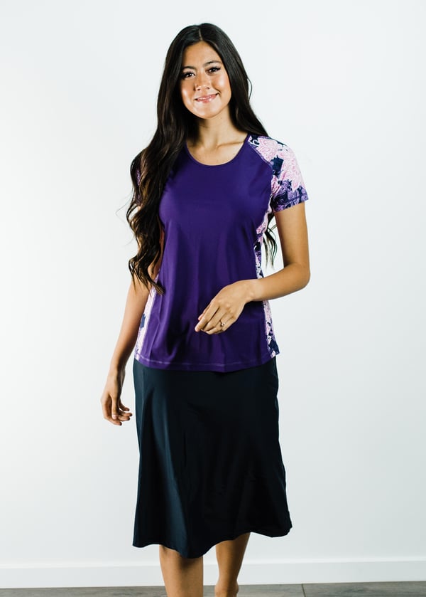 Loose swim top and long skort. Modest plus size top and skirt with pants. Womens' modest plus size swim set. Sun protection UPF +50