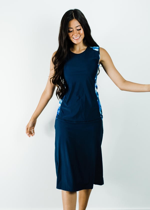 Loose swim top and long skort. Modest plus size top and skirt with pants. Womens' modest plus size swim set. Sun protection UPF +50.