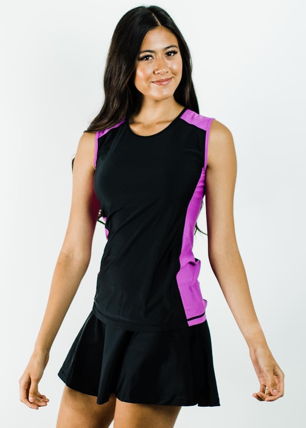 Loose swim top and flowy skort. Modest plus size top and skirt with pants. Womens' modest plus size swim set. Sun protection UPF +50.