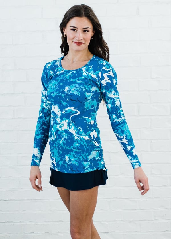 Swim top and short skort. Modest plus size top and skirt with pants. Womens' modest plus size swim set. Sun protection UPF +50