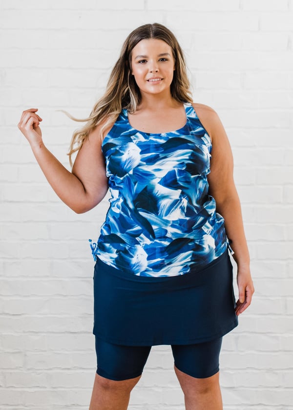 Swim top and skort. Modest plus size top and skirt with pants. Womens' modest plus size swim set. Sun protection UPF +50