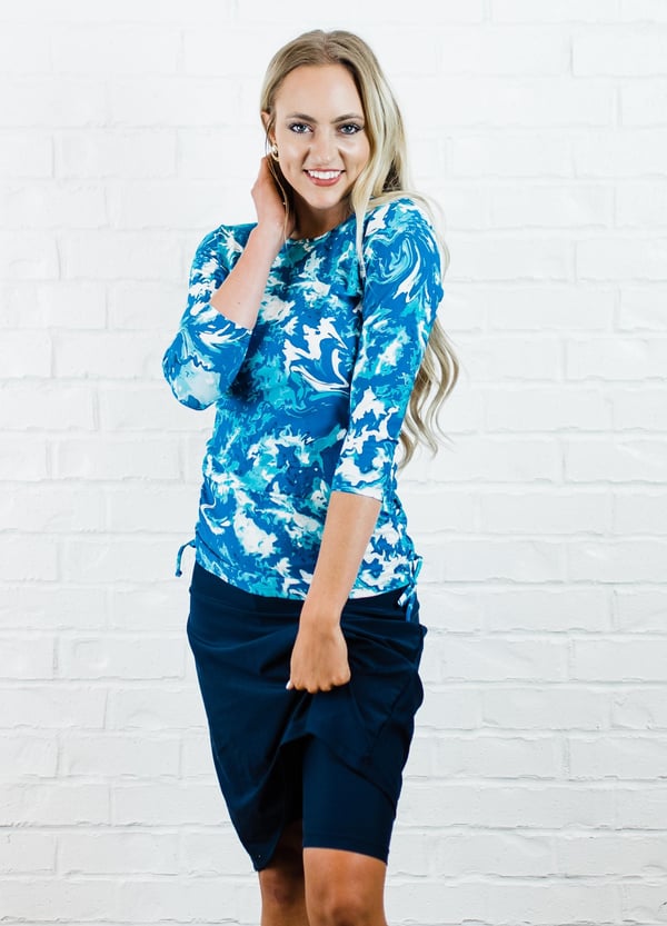 Long sleeve swim top and knee length skort. Modest plus size top and skirt with pants. Womens' modest plus size swim set. Sun protection UPF +50.
