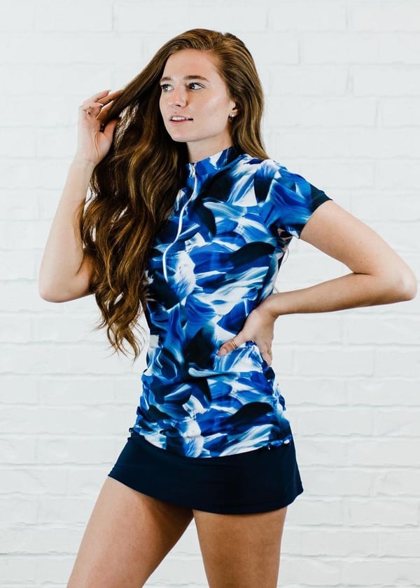 Swim top and short skort. Modest plus size top and skirt with pants. Womens' modest plus size swim set. Sun protection UPF +50