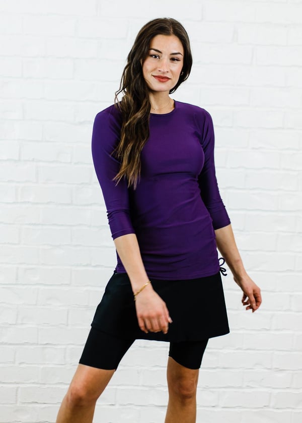 Long sleeve swim top with removable cups and skort. Womens' modest plus size swim set. Swim top for Mastectomy