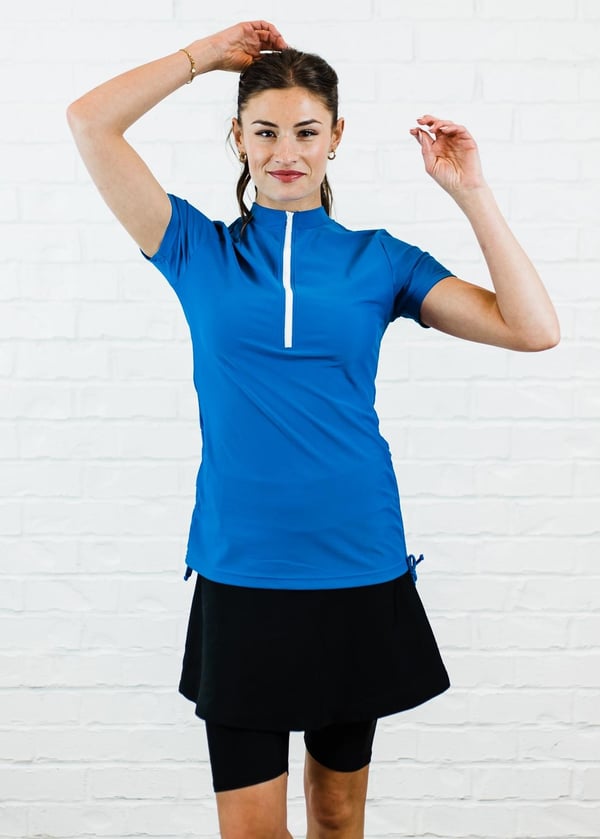 Swim top and skort. Modest plus size top and skirt with pants. Womens' modest plus size swim set. Sun protection UPF +50