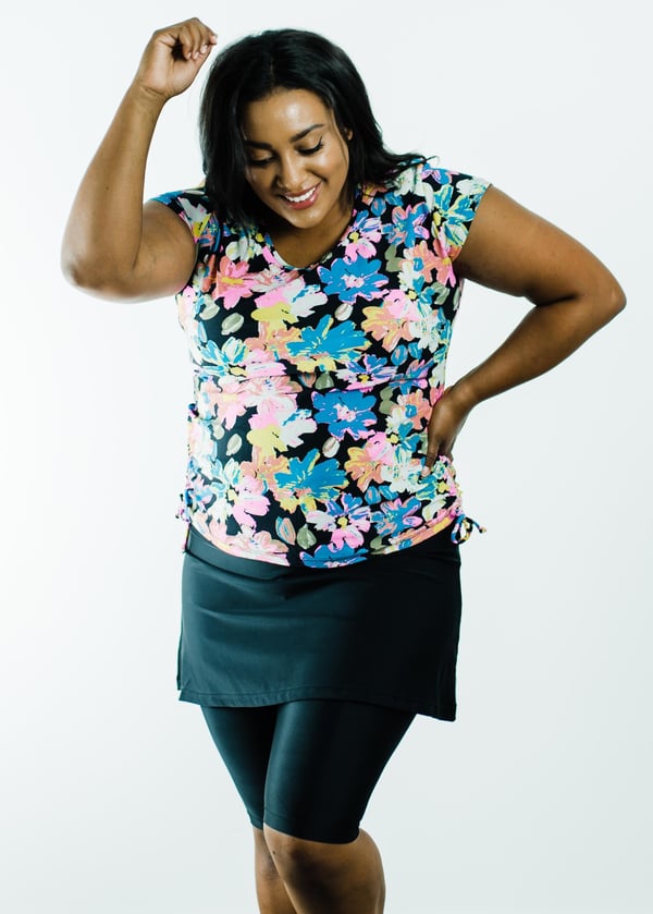 Swim top and skort. Modest plus size top and skirt with pants. Womens' modest plus size swim set. Sun protection UPF +50