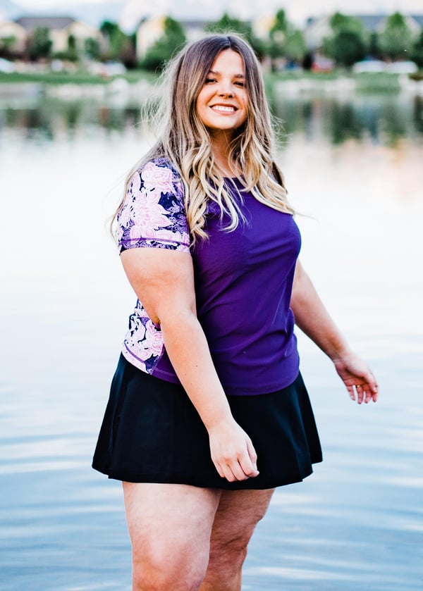 Swim top and flowy skort. Modest plus size loose top and skirt with pants. Womens' modest plus size swim set. Sun protection UPF +50