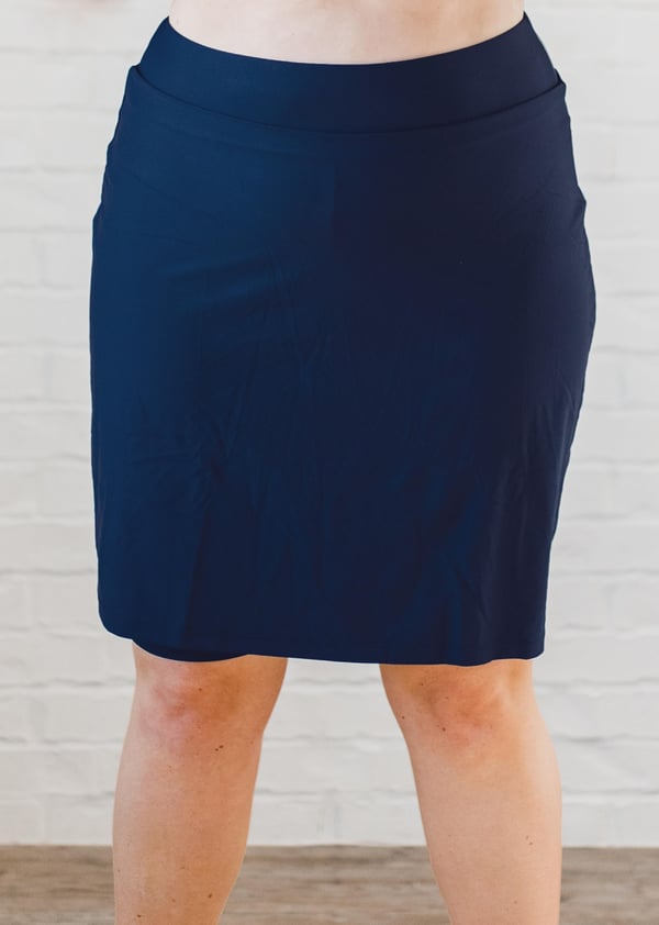 Knee length swim skort. Modest plus size skirt and pants. Womens' modest plus size swim skirt. Excellent sun protection UPF +50
