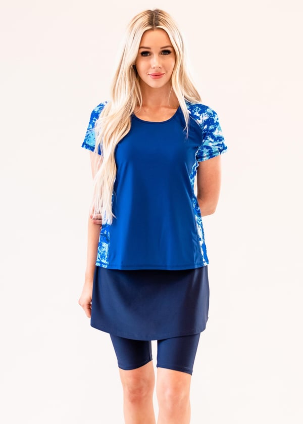 Loose swim top and skort. Modest plus size top and skirt with pants. Womens' modest plus size swim set. Sun protection UPF +50