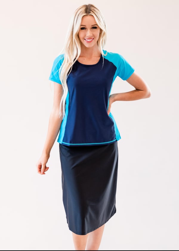 Loose swim top and long skort. Modest plus size top and skirt with pants. Womens' modest plus size swim set. Sun protection UPF +50