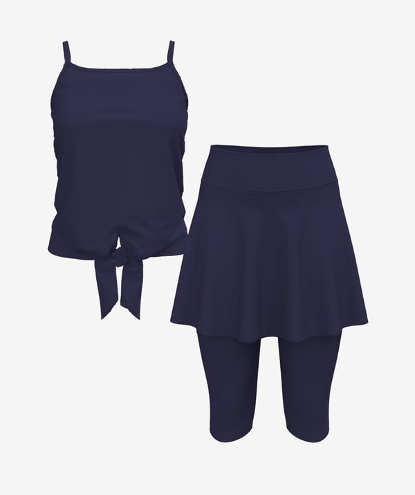 Riley Knotted Swim Top With Flared Swim Skort With Capri Leggings