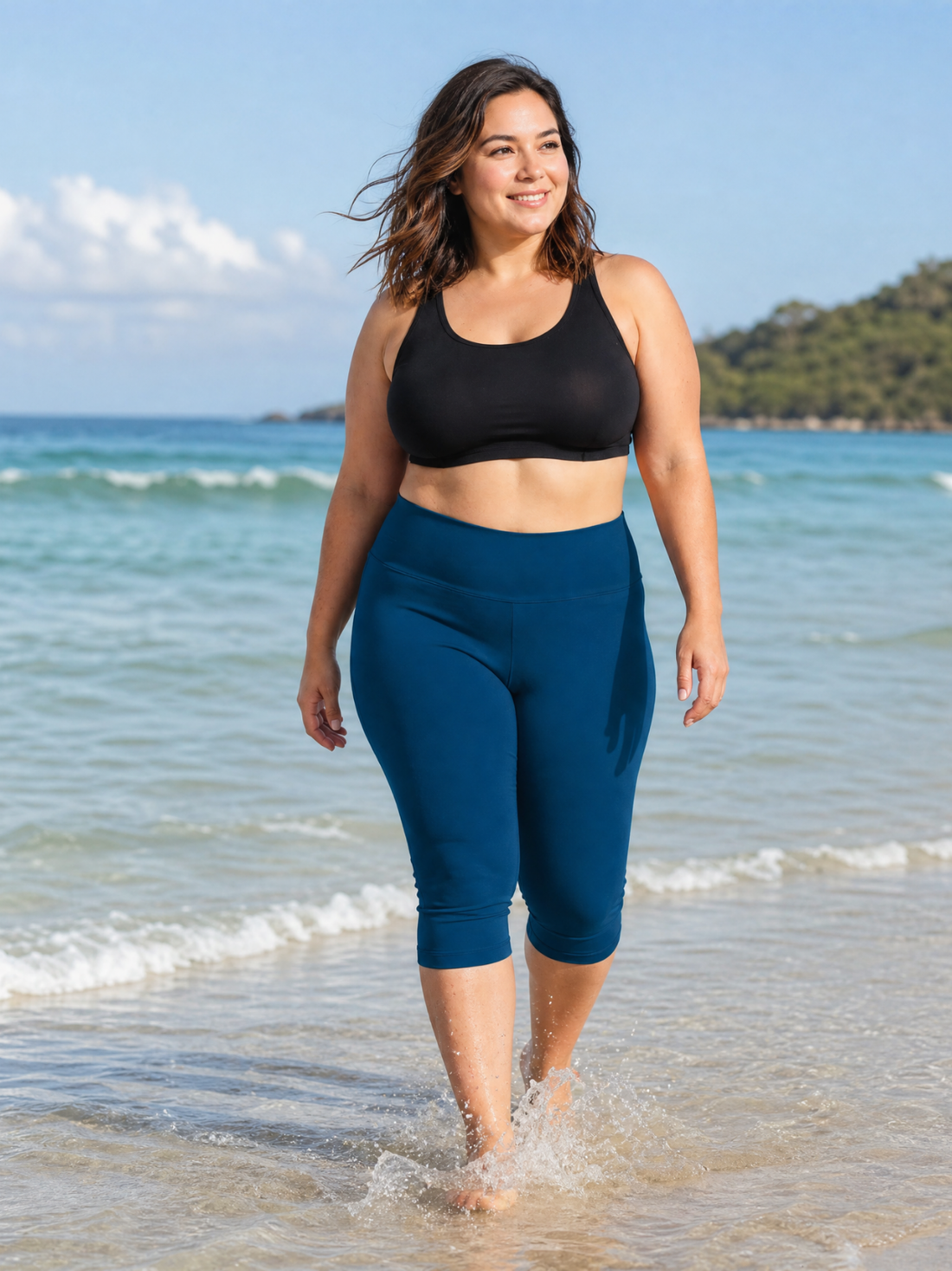 Capri Swim Leggings | Plus Size model wearing supportive swim leggings at the beach with a comfortable fit in modest size inclusive swimwear for every body