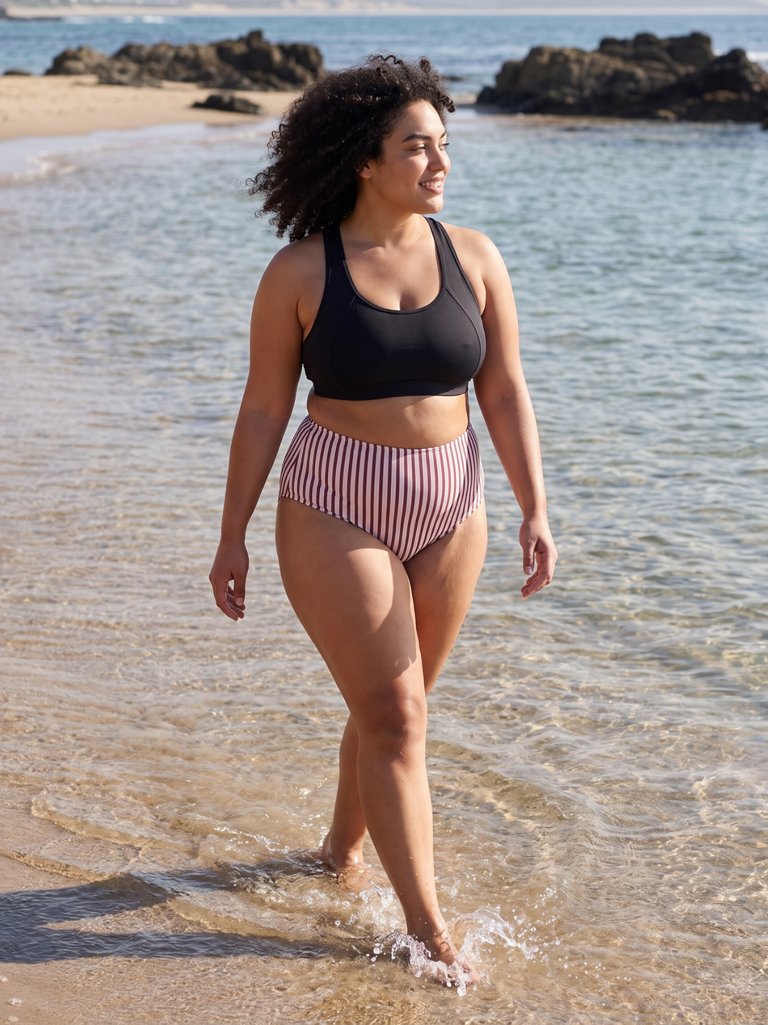 High Waisted Full Coverage Bikini Bottom | Plus Size worn by a woman walking through shallow beach water in supportive size-inclusive swimwear designed for every body