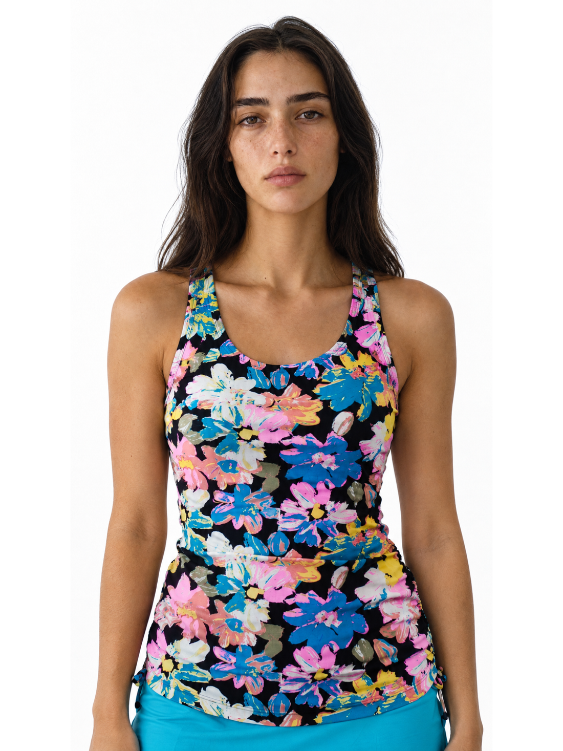 Maya Tankini Swim Top With Built-in Bra | Final Sale shown on a model in a colorful floral print with a supportive comfortable fit. Swimwear designed for every body.