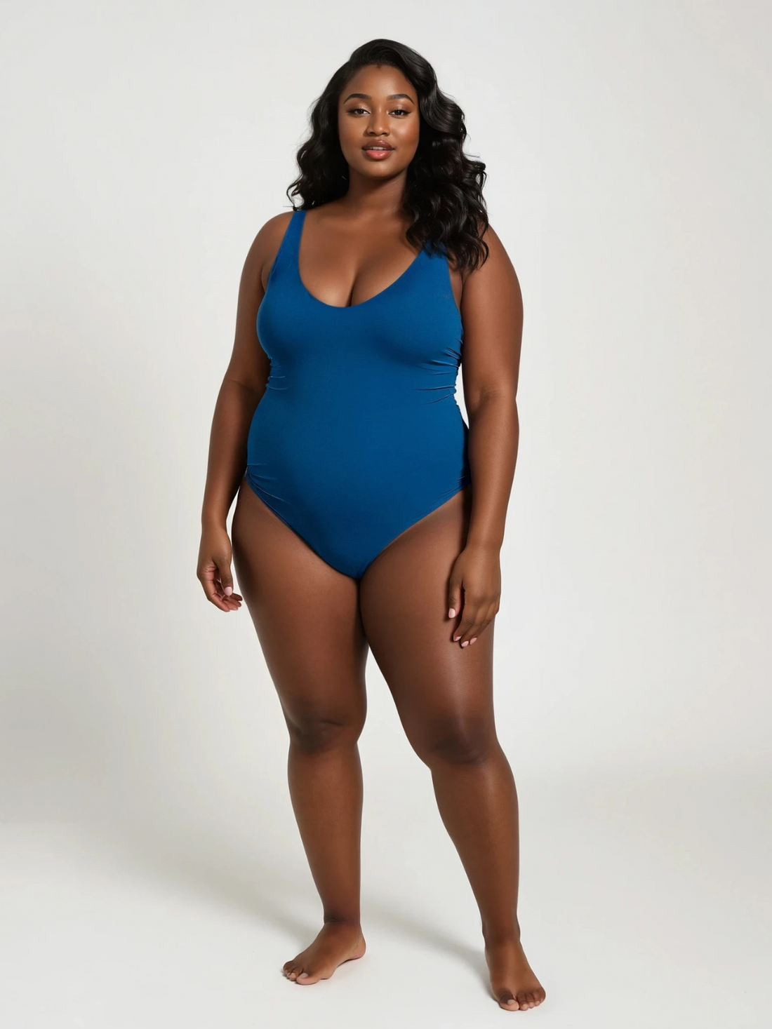 Woman wearing a blue swimsuit on a white background