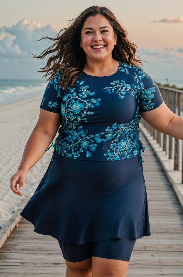 Short Sleeve Adele Swim Top + Midi Swim Skort With Bike Shorts | Plus Size