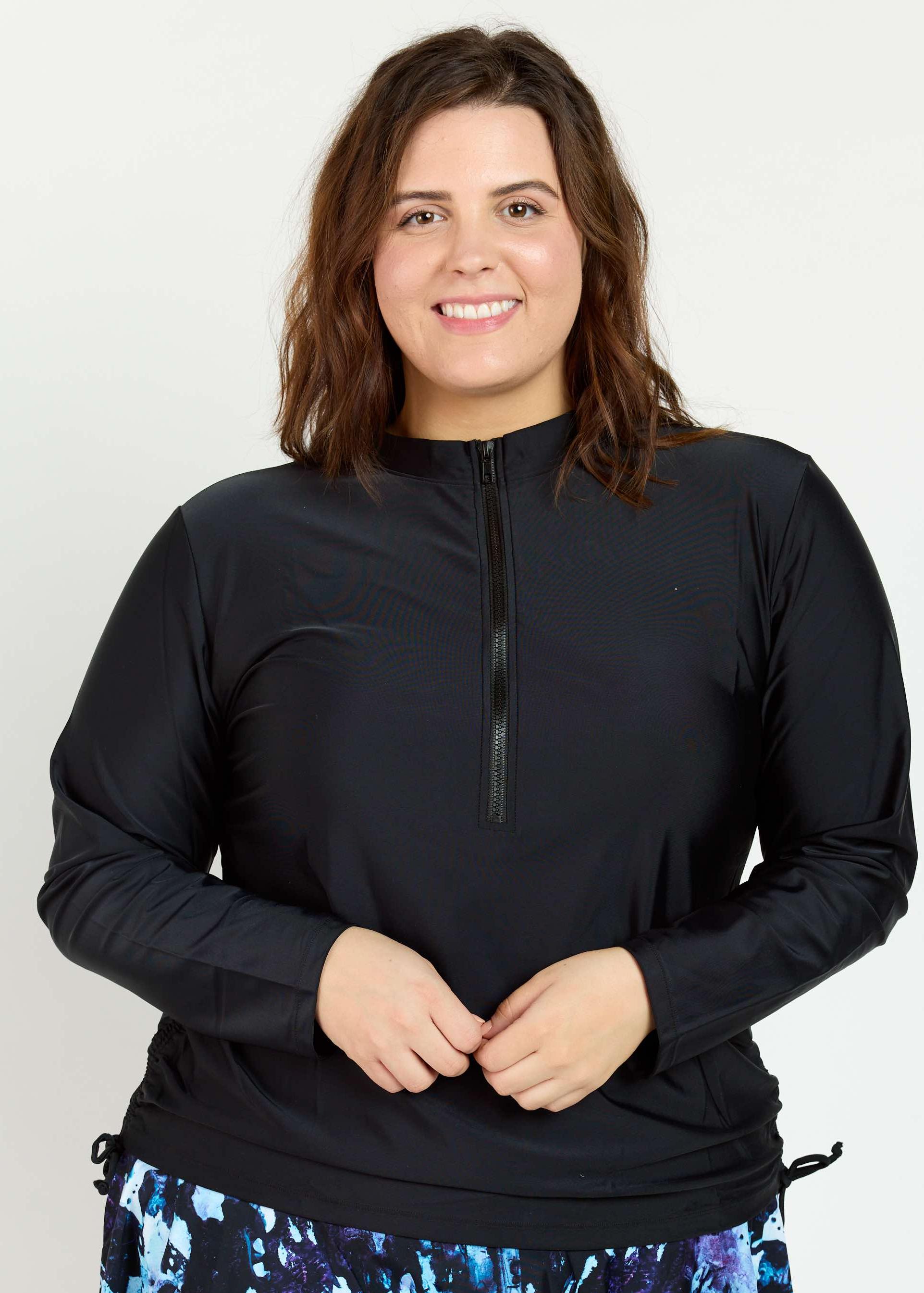 Plus Size Half-Zip Adele Swim Top With Skirted Swim Capris. Calypsa by ModLi